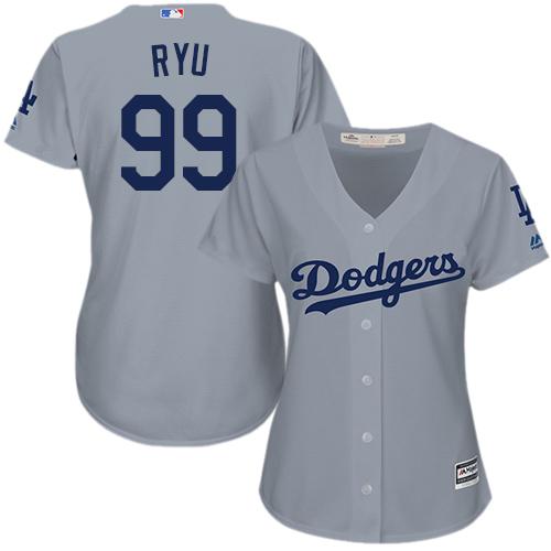 Dodgers #99 Hyun-Jin Ryu Grey Alternate Road Women's Stitched MLB Jersey - Click Image to Close